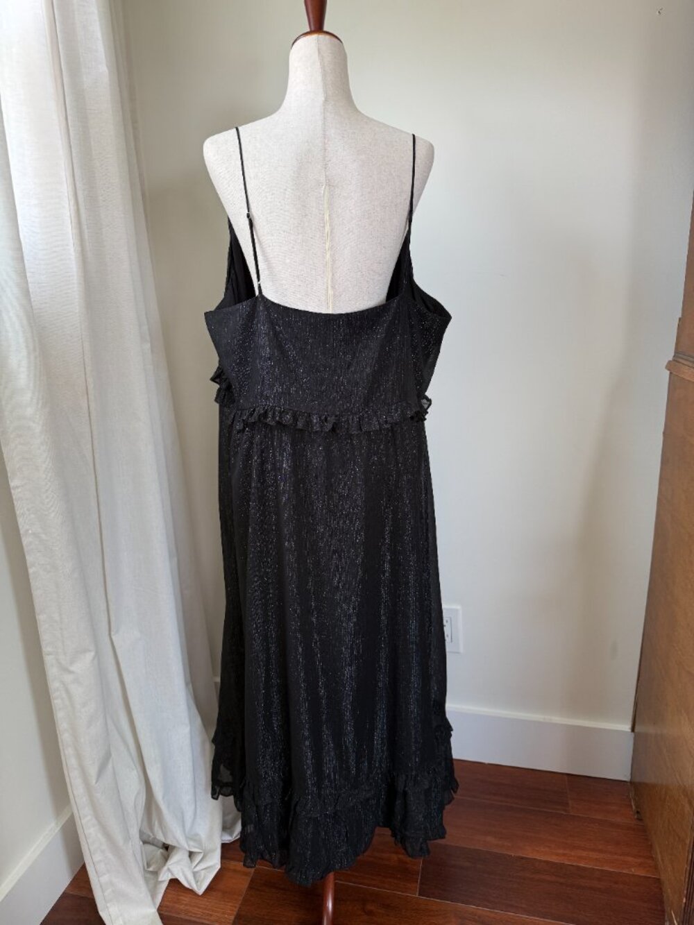 Madewell Plus Size 22 Black Metallic Ruffle Midi Dress Spaghetti Strap Tiered - Picture 5 of 9
